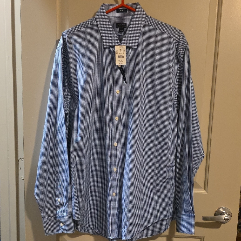 J. Crew Men's Blue and White Checkered Dress Shirt